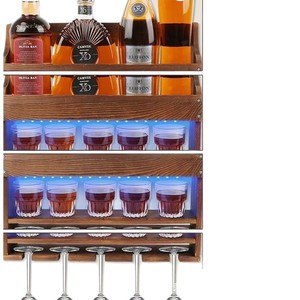Wooden Wall Mounted Wine Rack With <b>Led</b> <b>Light</b> 2 Tier Bottle Glass Holder For <b>Bar</b> Storage Organization - Product Image 5