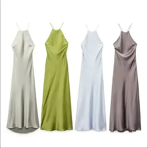 4色丝滑背部镂空无袖休闲时尚女性马克西缎面连衣裙