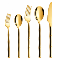 Ensemble de couverts en acier inoxydable 304 plaqué or avec manche en forme de bambou, 5 pièces, couteau, fourchette, cuillère, couverts de luxe pour mariage, restaurant