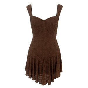 Abito Mini Estivo Elegante da Donna Marrone con Scollo a Cuore - Vestito da Festa con Bustier Testurizzato, Spalline Larghe e Gonna Svasata a Trapezio - Product Image 1