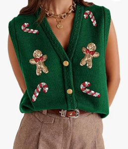 Chaleco de suéter navideño feo para mujer, 100% algodón, cárdigan de punto, diseño personalizado de jengibre y bastones de caramelo, para fiestas navideñas, suéter de Navidad, venta al por mayor - Product Image 1
