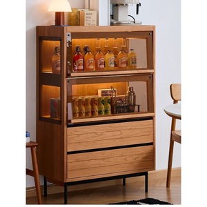 Solid Wood <b>Sideboard</b> Cabinet With Glass Display 3 Compartments Multifunctional Living Room <b>Storage</b> Unit Pine Wood Cherry Color - Product Image 1