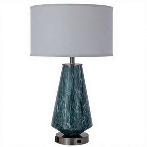 Blue Glass Table <b>Lamp</b> with Power Outlet in the Base for Home Decor Bedroom Hotel Lobby Hotel Guestroom - Product Image 1