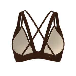 Sujetador deportivo transpirable de doble capa marrón con tirantes cruzados tipo espagueti y ribete de lunares, soporte medio, compresión, ropa deportiva. - Product Image 4