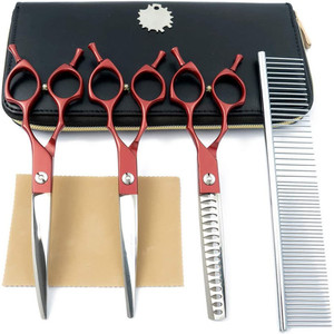 Juego de tijeras profesionales para peluquería canina de 7 pulgadas, de acero inoxidable, rectas, curvas y de entresacado, para cortar el pelo de perros, con peine y estuche. - Product Image 3