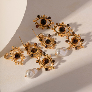 XIXI Pendentif en perles d'œil de tigre plaqué or 18 carats sans ternissement, boucles d'oreilles pour femmes, anneaux réglables en acier inoxydable, bijoux de mode - Product Image 3