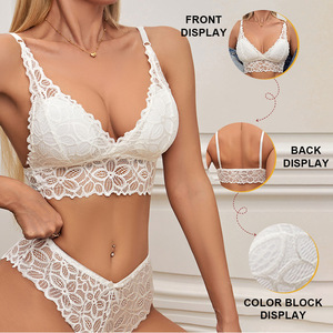Set Reggiseno e Slip in Pizzo Solido, Top Canotta in Pizzo con Scollo a V Profondo, Reggiseni Intimo Sexy Bikini Senza Ferretto con Imbottiture Rimovibili e Spalline - Product Image 1