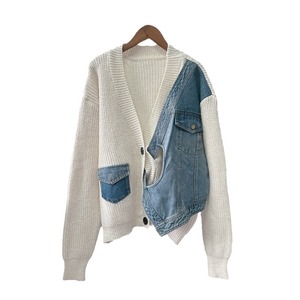 Grosir Butik 2026 Musim Gugur dan Dingin Desain Fashion Terbaru <span class=keywords><strong>Sweater</strong></span> Wanita Rajut Model Dua Lapis Denim Sambung - Product Image 5