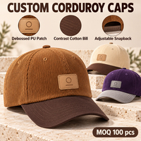 Casquettes en velours côtelé personnalisées avec sangle en plastique contrastante, tissu rayé et badge en cuir PU gaufré – Vente en gros