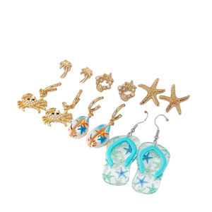 여름 해변 휴가 불가사리 게 코코넛 나무 플립 플롭 스터드 귀걸이 세트 여성 펑크 패션 보석 2025 블루 스타일 - Product Image 4
