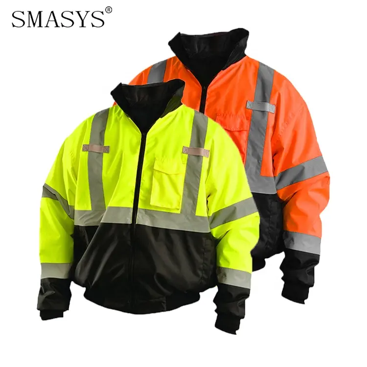 SMASYS Jaket Keselamatan Pakaian Kerja Bomber Reflektif, Jaket Keselamatan Lapisan Bulu Bisa Disesuaikan, Visibilitas Tinggi Musim Dingin