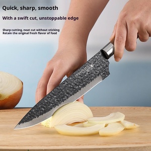 Set di 6 coltelli da cucina per uso domestico in acciaio inossidabile con motivo martellato, coltello da chef, forbici e manico in legno - Commercio estero - Product Image 4