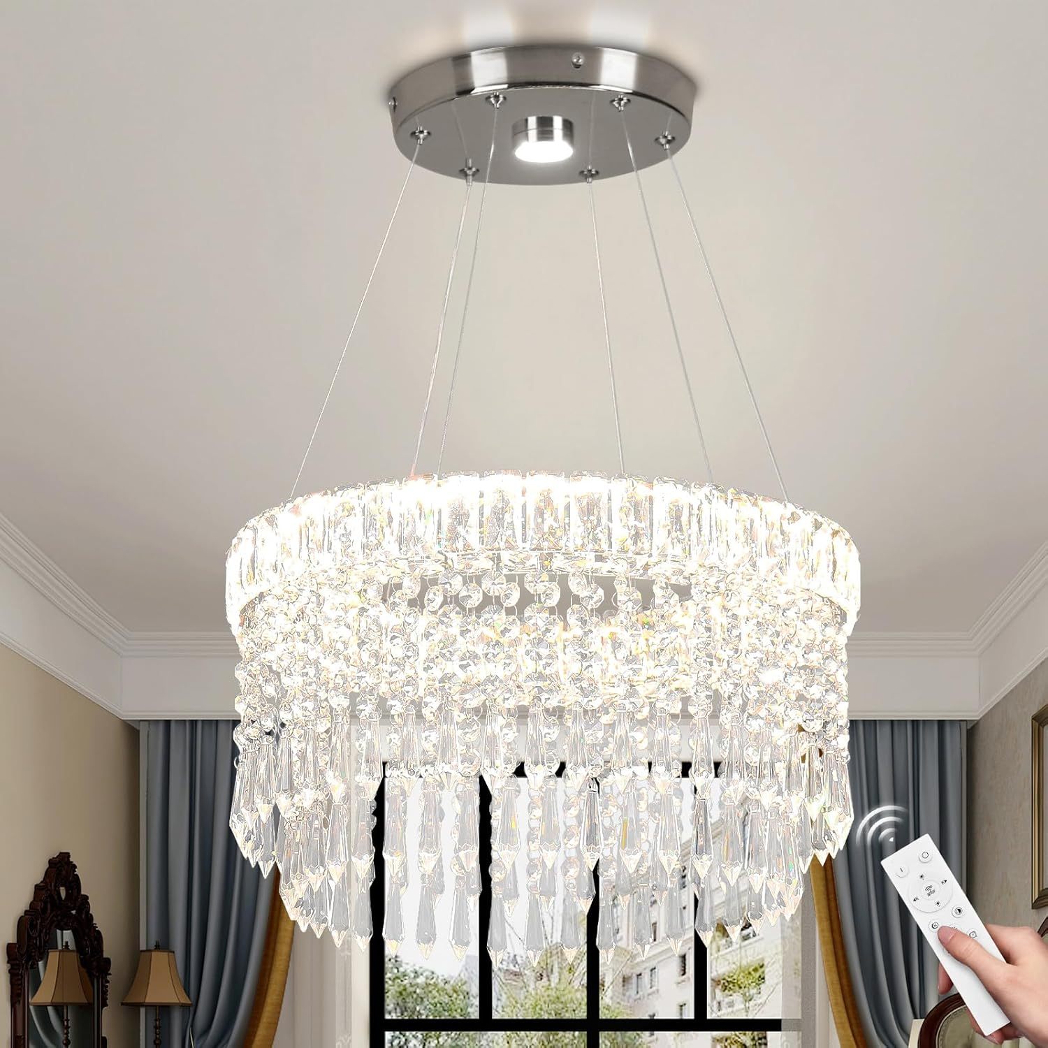 Modern LED Crystal Chandelier Light, Round Flush Mount or Hanging Ceiling Lamp for Living Room , Remote Control Dimmable