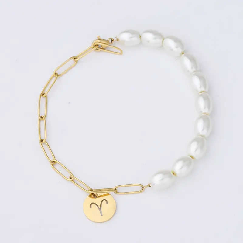The New Arrival Listing Women Gold 18K Pearl Stainless Steel Pearl Chain Adjustable Zodiac Charm Bracelets