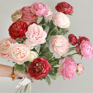 Décorations de mariage, <span class=keywords><strong>fleurs</strong></span> artificielles, pivoines artificielles en soie, tige floquée, 3 têtes, Ranunculus, QSLH-CF119 - Product Image 1