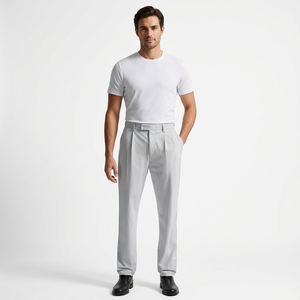 Men's <b>Light</b> Gray Pleated <b>Trousers</b> Mid Waist Straight Fit Smart Casual Woven Cotton Anti-Wrinkle Summer Pants - Product Image 1