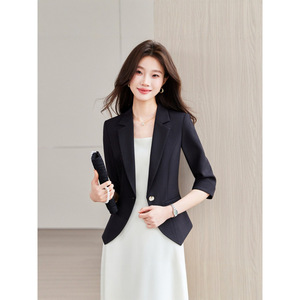Women's Slim Fit Blazer Three Quarter Sleeve Solid Color Wool Blend Suit Jacket For Office Wear - Product Image 2