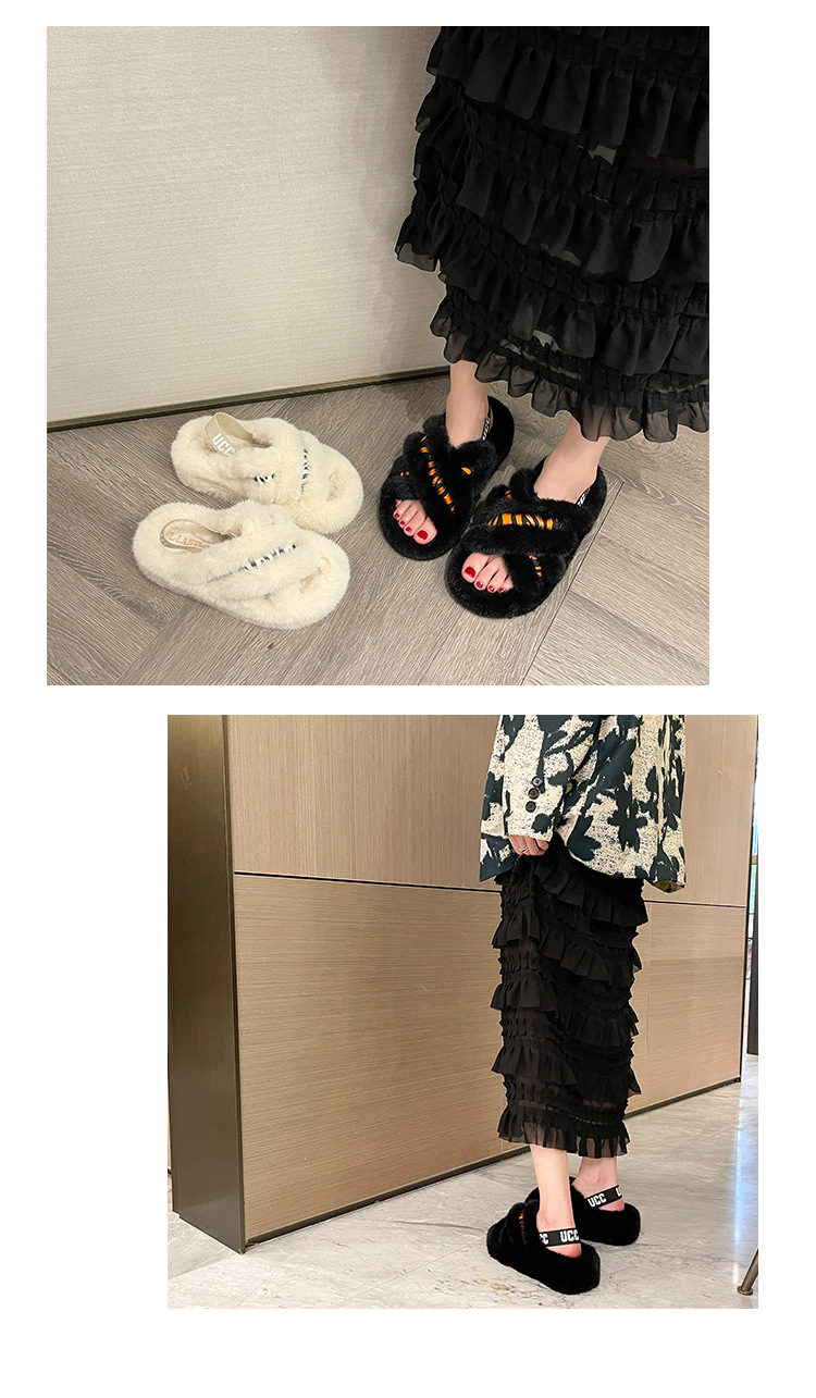 Large Size Thickened Cross Hairy Slippers Women 2023 New Heel Soft Sole Flat Sandals Shoes