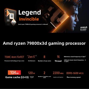 Nouveau processeur de bureau 7 9800X3D (R7) 8 cœurs 16 threads 104 Mo de <span class=keywords><strong>cache</strong></span>, fréquence boost jusqu'à 52 GHz, en boîte - Product Image 3
