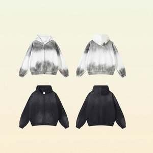 Yingling 400g Sweat à capuche zippé vintage pour homme en molleton 100% coton, uni, hiver, effet délavé, double fermeture éclair - Product Image 2