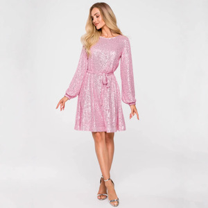 <b>Pink</b> Sequined Dress Long Sleeve Scoop Neck <b>Wrap</b> Tie Club Dress - Product Image 1