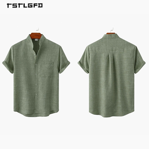 Camisa de Hombre de Lino y Algodón de Manga Corta con Cuello Mandarín, Color Sólido, Casual, Transpirable, Estilo Old Money, Verano - Product Image 5