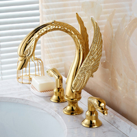Robinet de lavabo en or poli, à Double boutons en cristal, cygne, widepdrop, ensemble de mélangeurs d'évier 3 trous