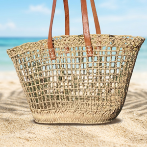 Sac fourre-tout durable en paille tressée avec poignées en cuir, style bohème, motif ajouré, sac de plage d'été, doublure en toile, conception ouverte - Product Image 3
