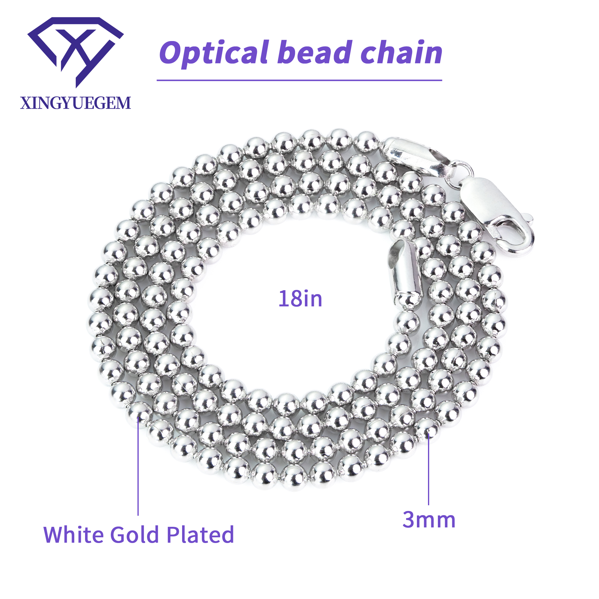 Cadena de cuentas ópticas de 3 mm y 18 pulgadas.