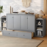 Lit Murphy complet en bois avec armoire, tiroirs et décoration en rotin pour hôtel, appartement, chambre à coucher, expédié par la poste