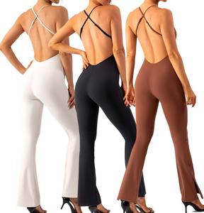 Custom Plus Size donna Yoga tuta Backless bianco marrone Yoga Leggings senza cuciture <span class=keywords><strong>pantaloni</strong></span> lunghi da Yoga <span class=keywords><strong>Flare</strong></span> - Product Image 1