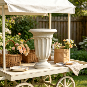 Urne-jardinière classique à piédestal cannelé vertical, en résine blanc cassé texturée, style trophée, faite et peinte à la main, ornement de jardin vintage <span class=keywords><strong>romain</strong></span> - Product Image 1