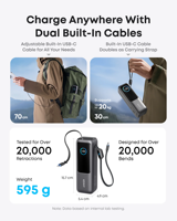 Banque d'alimentation Anker A1695 25000mAh 165W USB C pour ordinateur portable, charge rapide PD 100W, câble rétractable intégré, écran intelligent