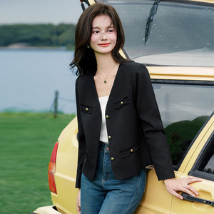 Women's Blazer Solid Color Polyester Woven Jacket With Bow Tie Design For Autumn Winter 2025 Fashionable Early Spring Top - Product Image 3