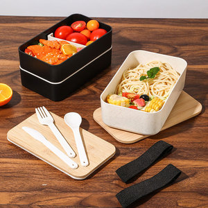 Wheat Straw Lunch <b>Box</b> Wooden Lid Bento <b>Box</b> Rectangular Microwaveable Food Storage <b>Container</b> Single Double Layer - Product Image 4