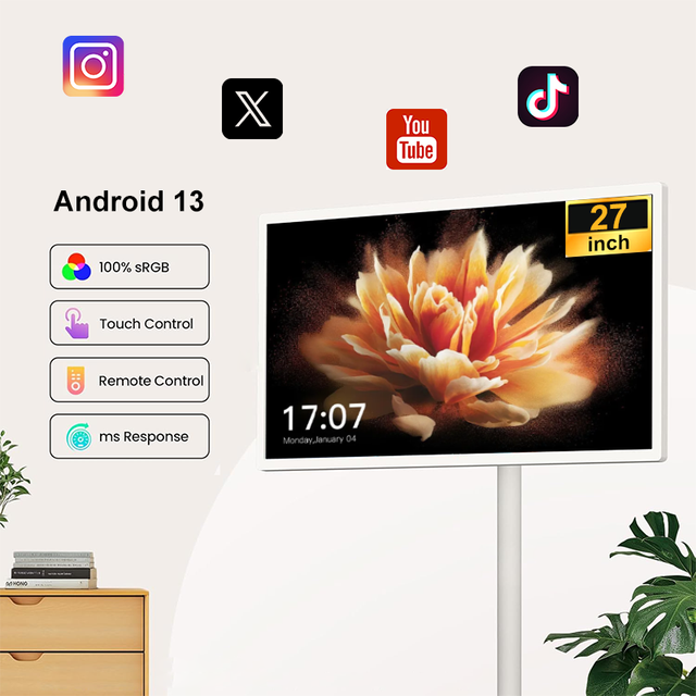 27-Inch Smart LED TV with White Stand and Android System High Definition LED Backlight 2K HDTV Flexible Placement Smart TVs