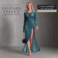 Robe longue moulante sexy en velours peluche à col drapé motif léopard pour l'automne, avec fronces latérales et coupe ajustée, fabrication OEM ODM pour marque privée