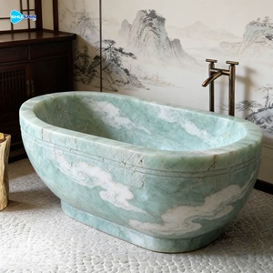 Baignoire autoportante d'intérieur de style occidental en marbre beige de forme ovale en pierre naturelle à vendre - Product Image 3