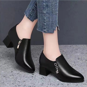<strong>Block</strong> <strong>Heel</strong> Short Tube Pointed <strong>Toe</strong> Ladies Single Shoes Versatile Fashion Soft Leather <strong>Heels</strong> Women - Product Image 1