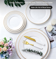 Services de vaisselle en porcelaine à bord doré, réutilisables, compatibles lave-vaisselle, vaisselle de luxe pour la maison et la restauration