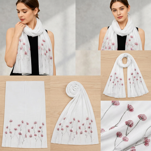 <b>White</b> Floral Viscose Solid Dyed Scarf Lightweight Soft Long Shawl Wrap for Women Daily Wear Travel and Gift - Product Image 3