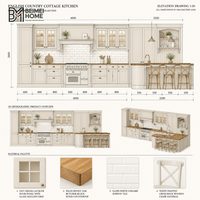 Meubles de cuisine style campagnard anglais, couleur crème avoine, avec vitrine à meneaux, îlot de cuisine en bois massif, projet de menuiserie sur mesure pour villa
