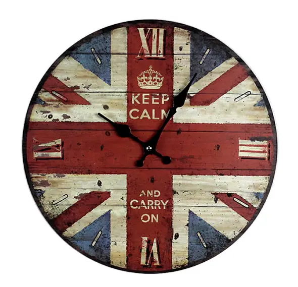 Drop Versand 12 Zoll Holz UK britische Flagge Wanduhr Retro Vintage London Street Old Car Silent Runde Uhr