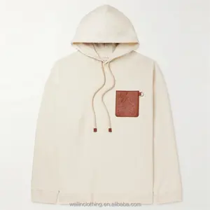 Custom leather chest pocket oversized baggy elongated hoodie for men