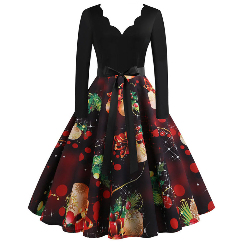 Winter Christmas Dresses Women 50S 60S Vintage Robe Swing Pinup Elegant Party Dress Long Sleeve Casual Plus Size Print Black Winter Christmas Dresses Women 50S 60S Vintage Robe Swing Pinup Elegant Party Dress Long Sleeve Casual Plus Size Print Black