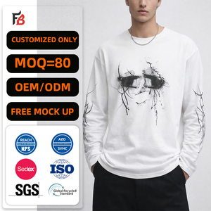 T-shirt blanc à manches longues pour <span class=keywords><strong>homme</strong></span>, col côtelé rond, coupe oversize, avec logo personnalisé, 100 % coton, vente en gros - Product Image 1