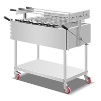Grill à brochettes au charbon de bois commercial avec tiges rotatives manuelles, chariot de barbecue mobile avec étagère de rangement pour la restauration