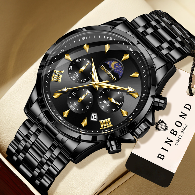 BINBOND 2026 Montre De Luxe Homme B6899 Durable Three Eye Dial Moon Phase Casual Wristwatch Luxury Quartz Watches for Men Watch