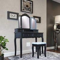 Meubles de vanité noire à trois volets de style moderne de luxe ensemble de commode de maquillage stockage en bois chambre coiffeuse chaise pour hôtel