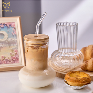 Gobelet à jus en verre transparent au design élégant, verre à rayures avec bouchon en <span class=keywords><strong>bambou</strong></span> pour boissons glacées - Product Image 3